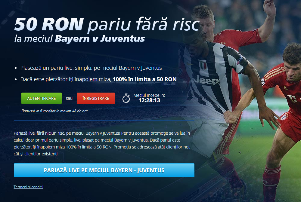 50 RON pariu fara risc pentru partida Bayern vs Juventus
