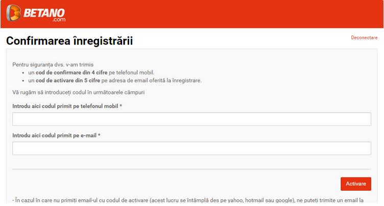 confirmare inregistrare betano