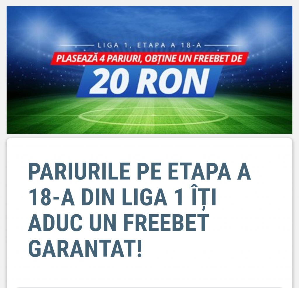 Garantat un Freebet de 20 RON daca pariezi pe meciurile din Liga 1