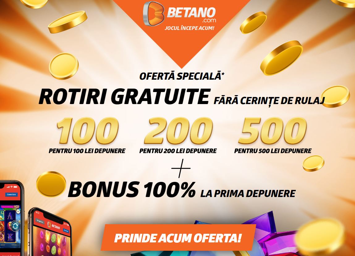 BETANO Cazino: pana la 500 ROTIRI GRATIS FARA RULAJ si bonus 100%!