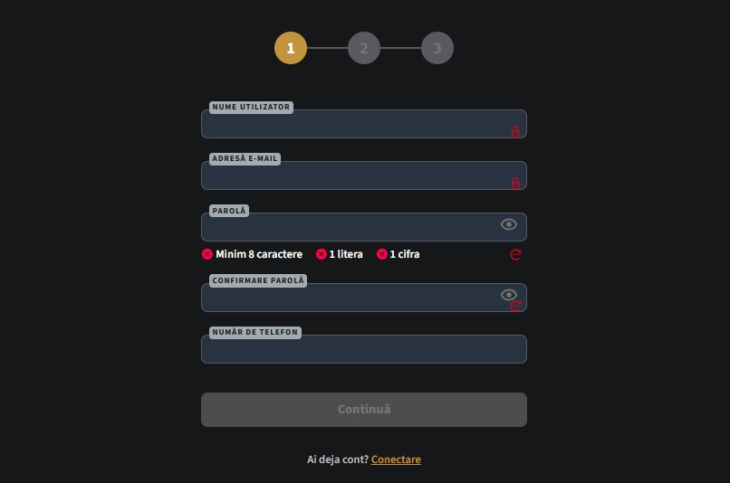 Conti Cazino signup creare cont membru nou inregistrare