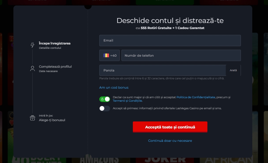 Las Vegas ro deschidere cont creare jucator nou membru