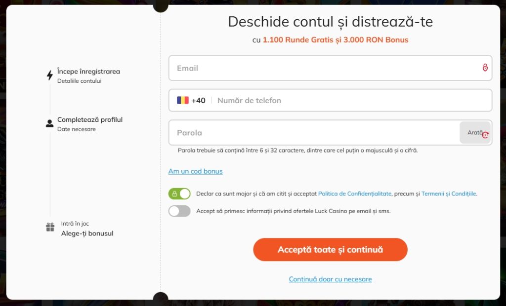 Luck Casino creare cont jucator nou