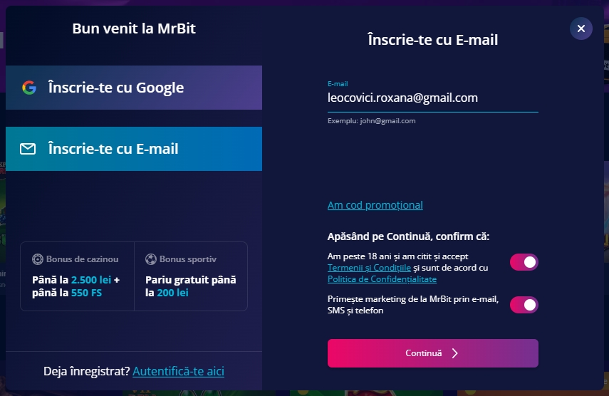 Mr Bit creare cont formulare inregistrare signup