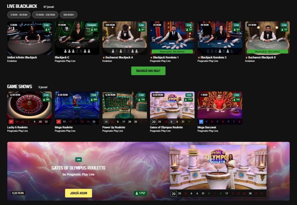 Unibet cazino jocuri masa LIVE table games 2