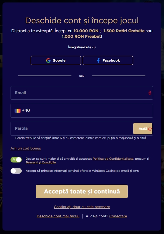 Winboss creare cont nou jucator inregistrare signup