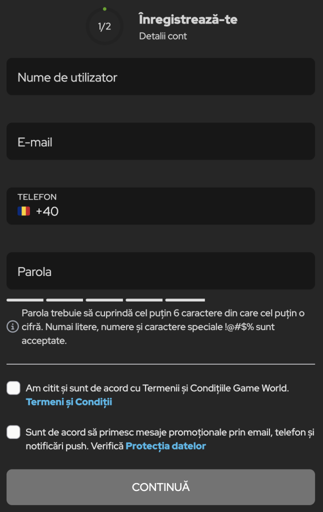 Cum deschid cont la Game World Casino