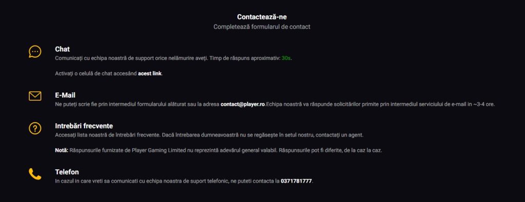Player contact serviciu asistenta clienti