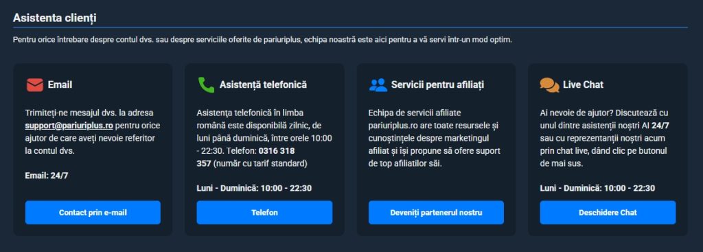 Pariuri Plus contact asistenta clienti ajutor
