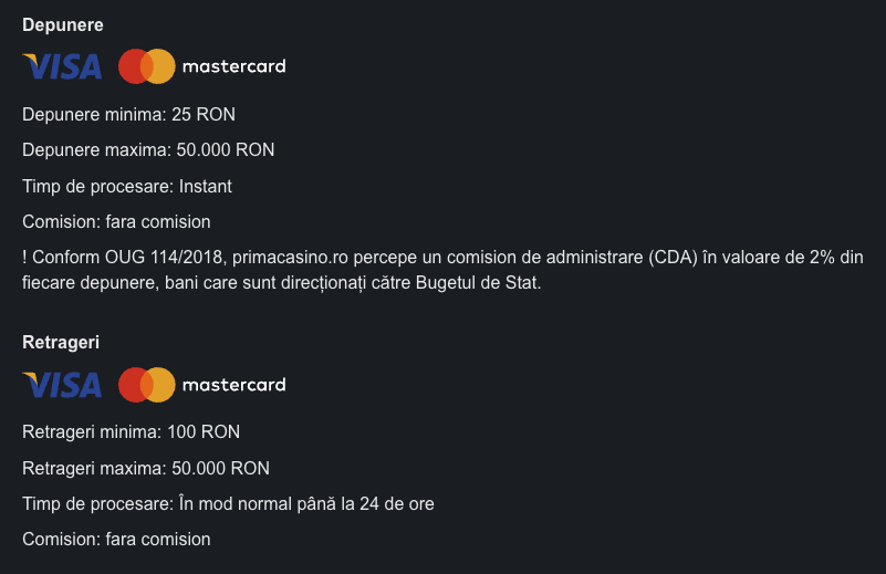 Depunere card Prima Casino