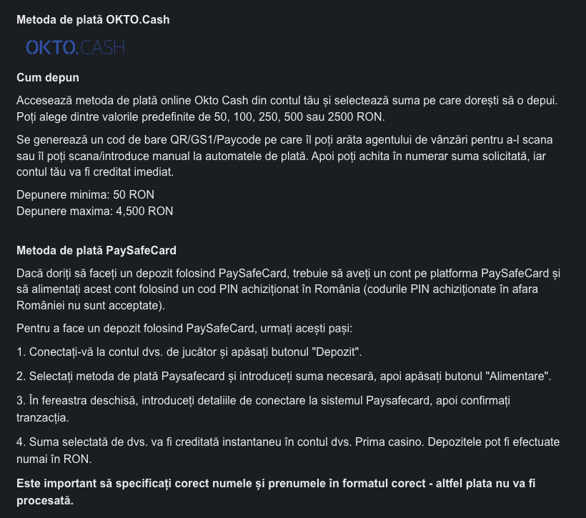 Metode de plata OktoCash si PaySafeCard la Prima Casino