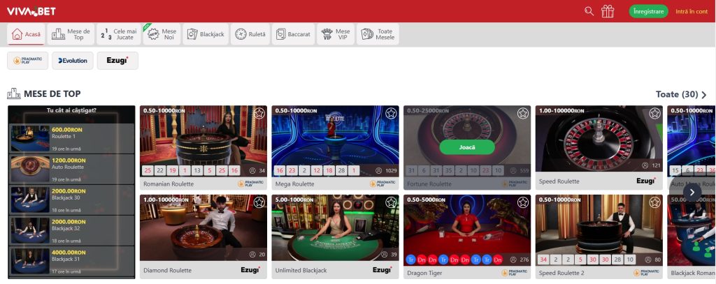 Vivabet Cazino jocuri de masa LIVE casino recomandari populare
