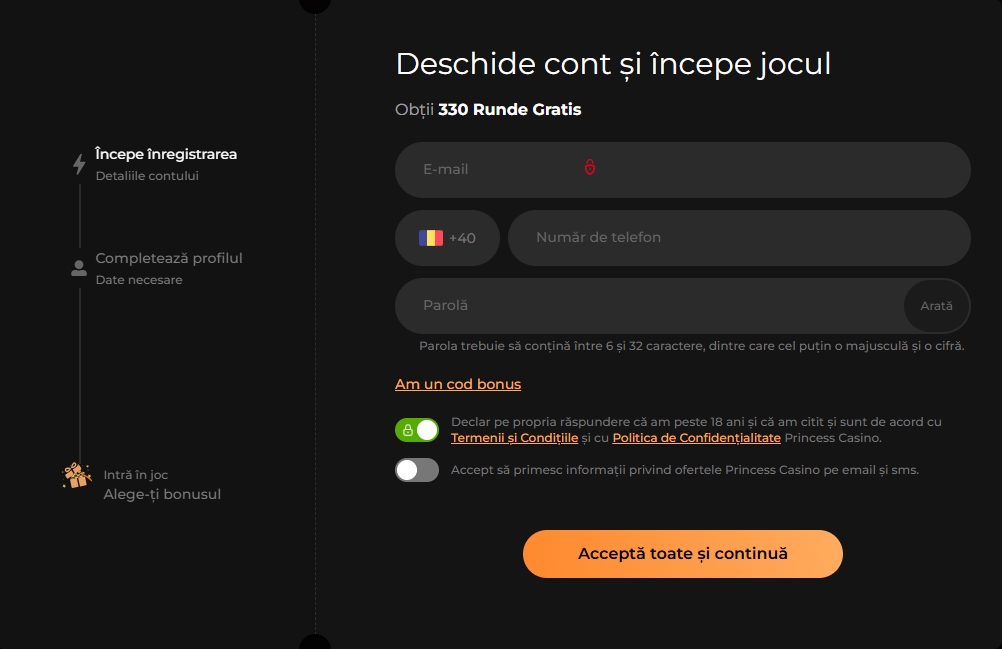 Princess Casino deschidere cont si inregistrare creare profil jucator membrii noi