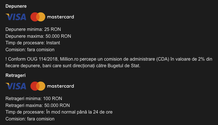 Depunere card Million Casino