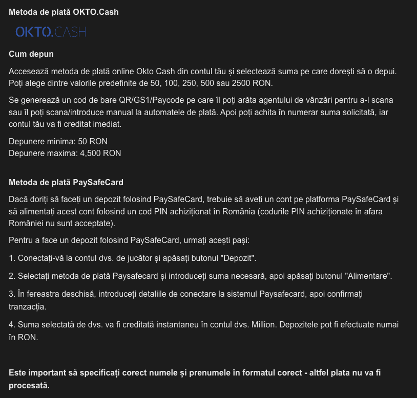 Metode de plata OktoCash si PaySafeCard la Million Casino