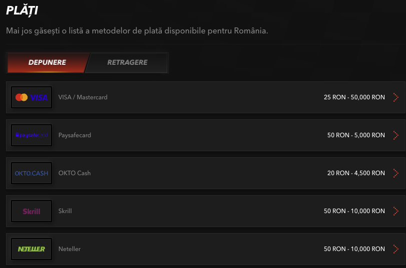 Depuneri disponibile la TopBet Casino
