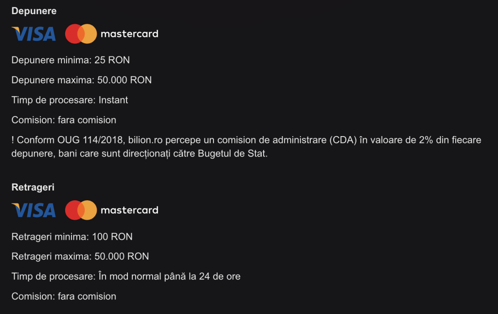 Depuneri/retrageri prin card la Bilion Casino