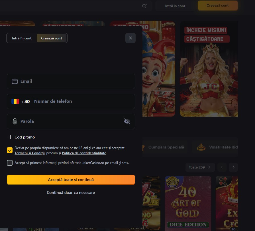 Înregistrare cont nou Joker Casino