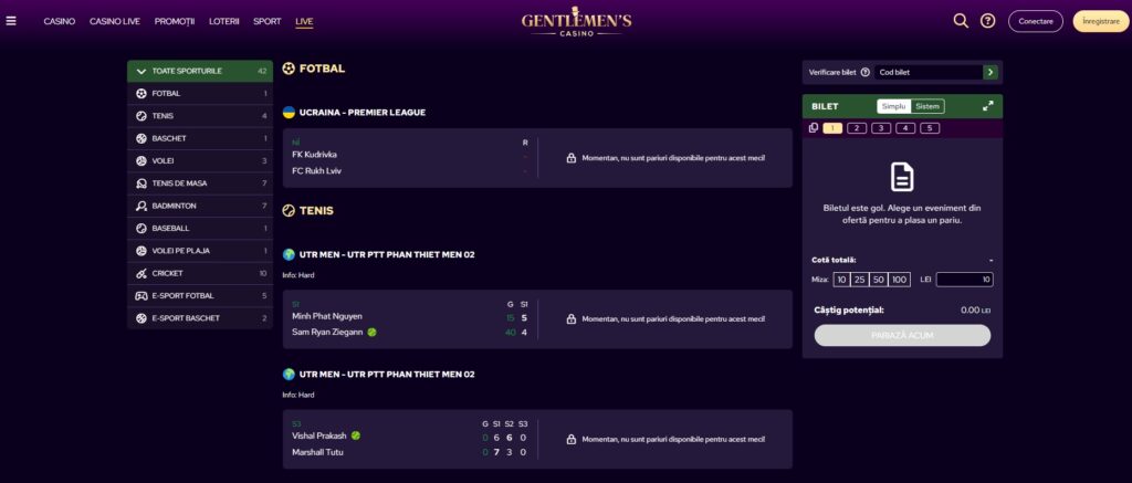 Pariuri live Gentlemen's Casino